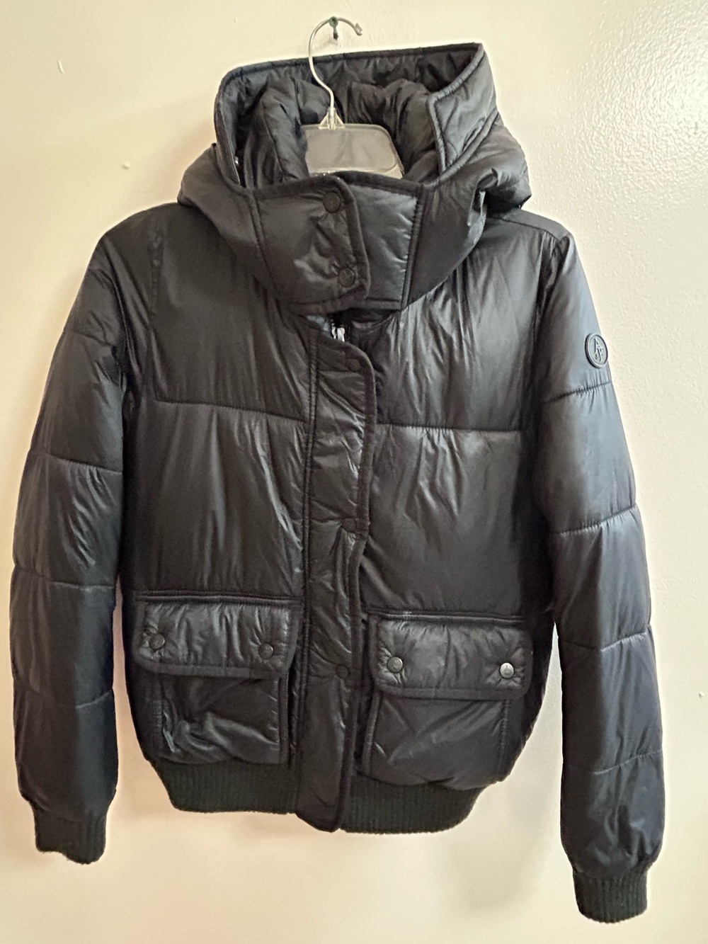 Vintage Abercrombie & Fitch Hooded Puffer Jacket Black Bomber Coat Womens XS Y2K
